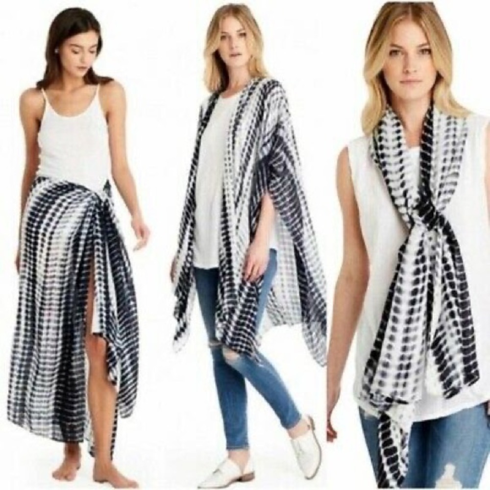 Michael Stars Kaftan Kimono Cover Up Multi-Use Tie Dye Black and White One Size